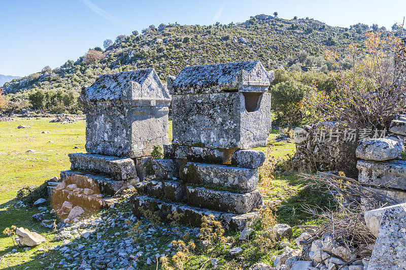 来自Dodurga村的Sidyma古城。Fethiye, Mugla，土耳其。